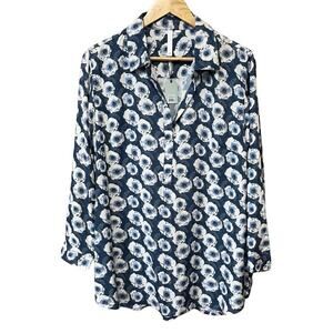 Rock Flower Paper DEVON POET SHIRT Women M Poppy Blue Print V- Neck Popover NEW
